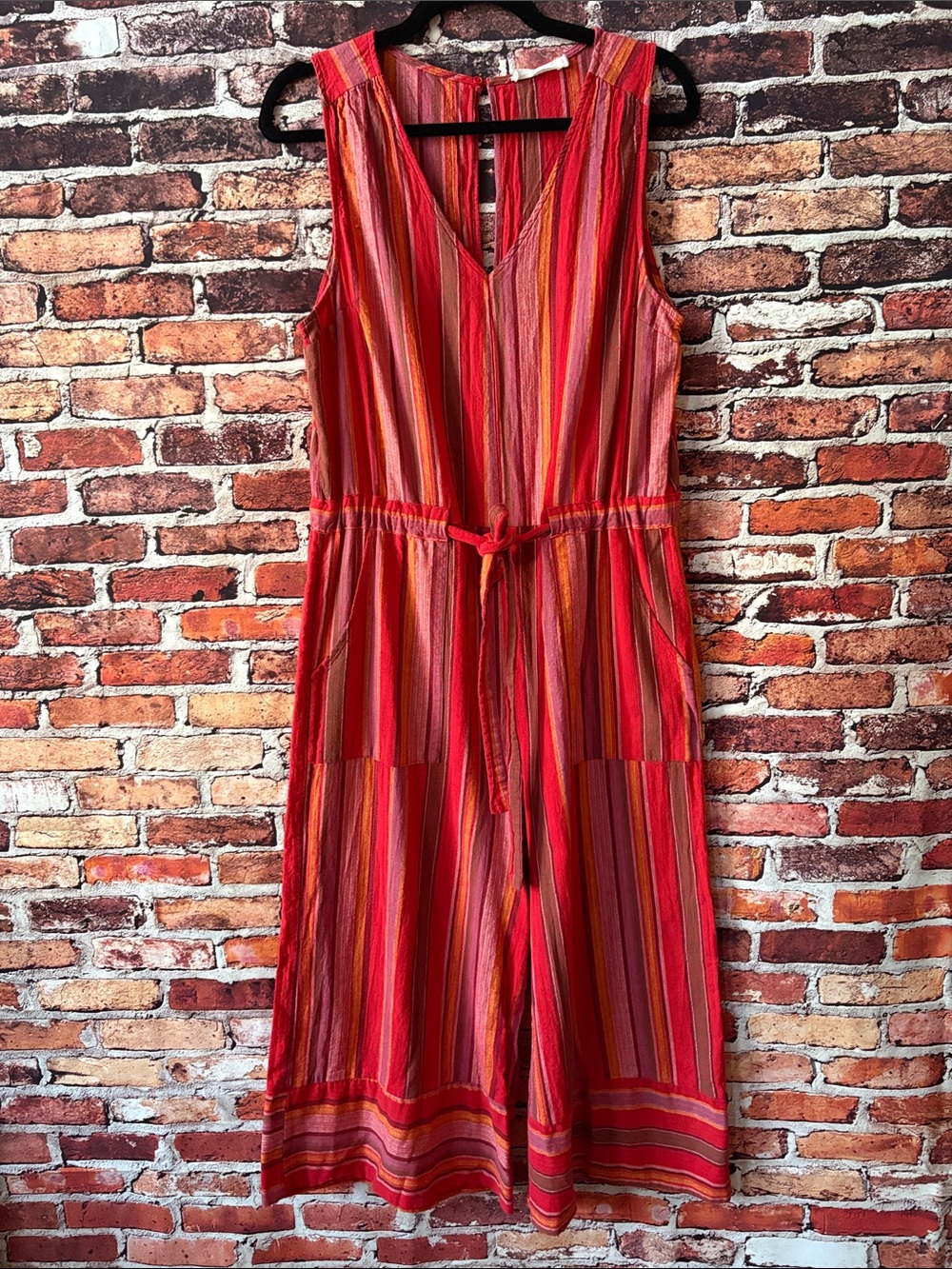 Lush Red & Orange Striped Sleeveless Jumpsuit with Waist Tie Size XL
